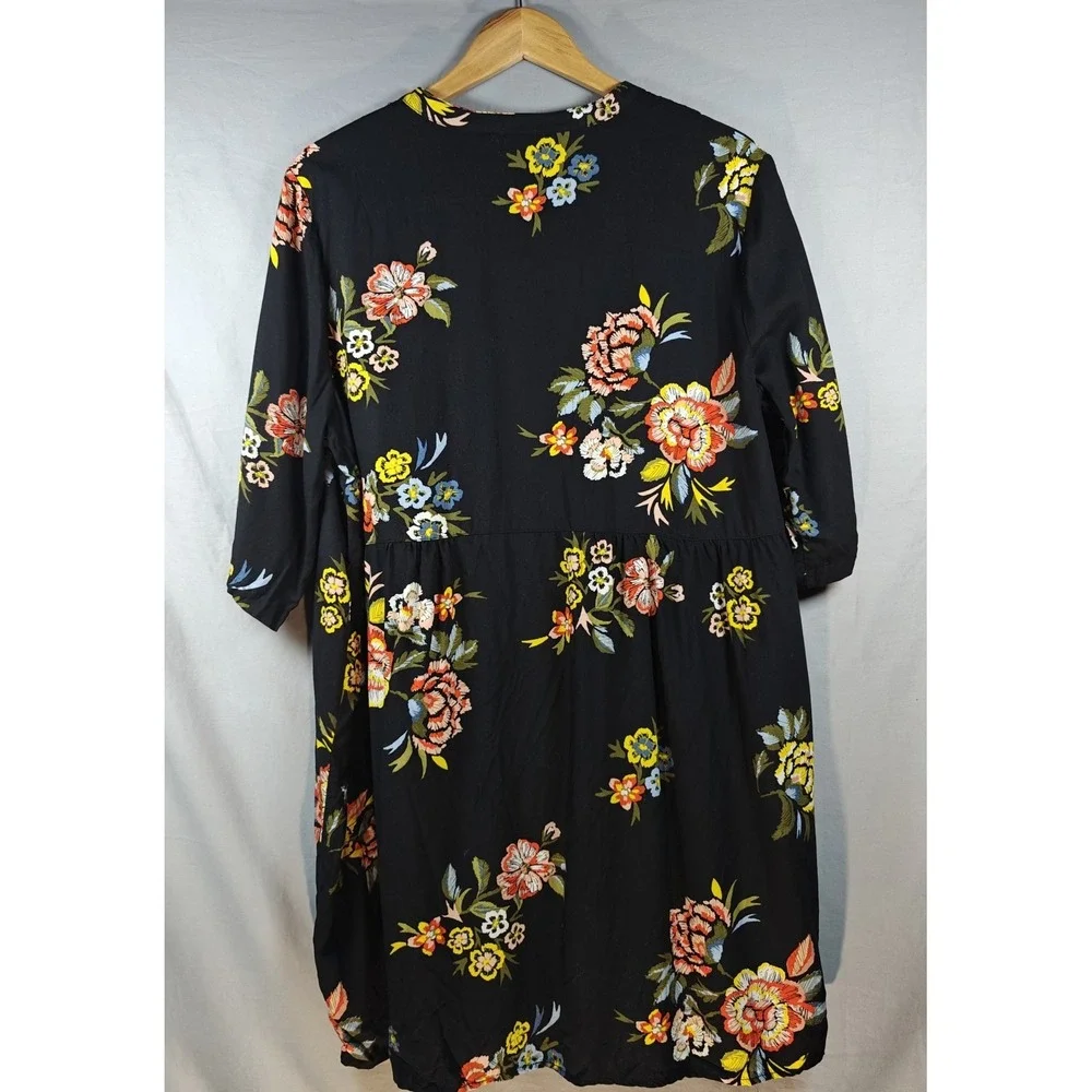 Old Navy Black Floral Lace-Up‎ Tunic Dress 3/4 Sleeve Pintuck Front V Neck XL